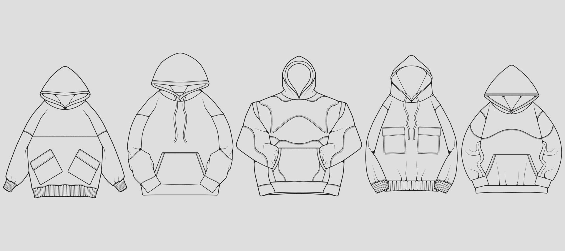 Set of hoodie oversized outline drawing vector, hoodie oversized in a sketch style, trainers template outline, vector Illustration