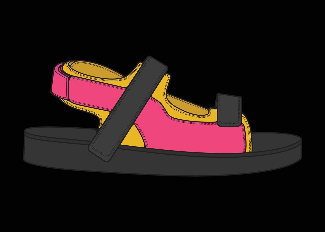 Ilustración de vector de sandalia con fondo negro. zapato de verano de sandalia de dibujos animados.