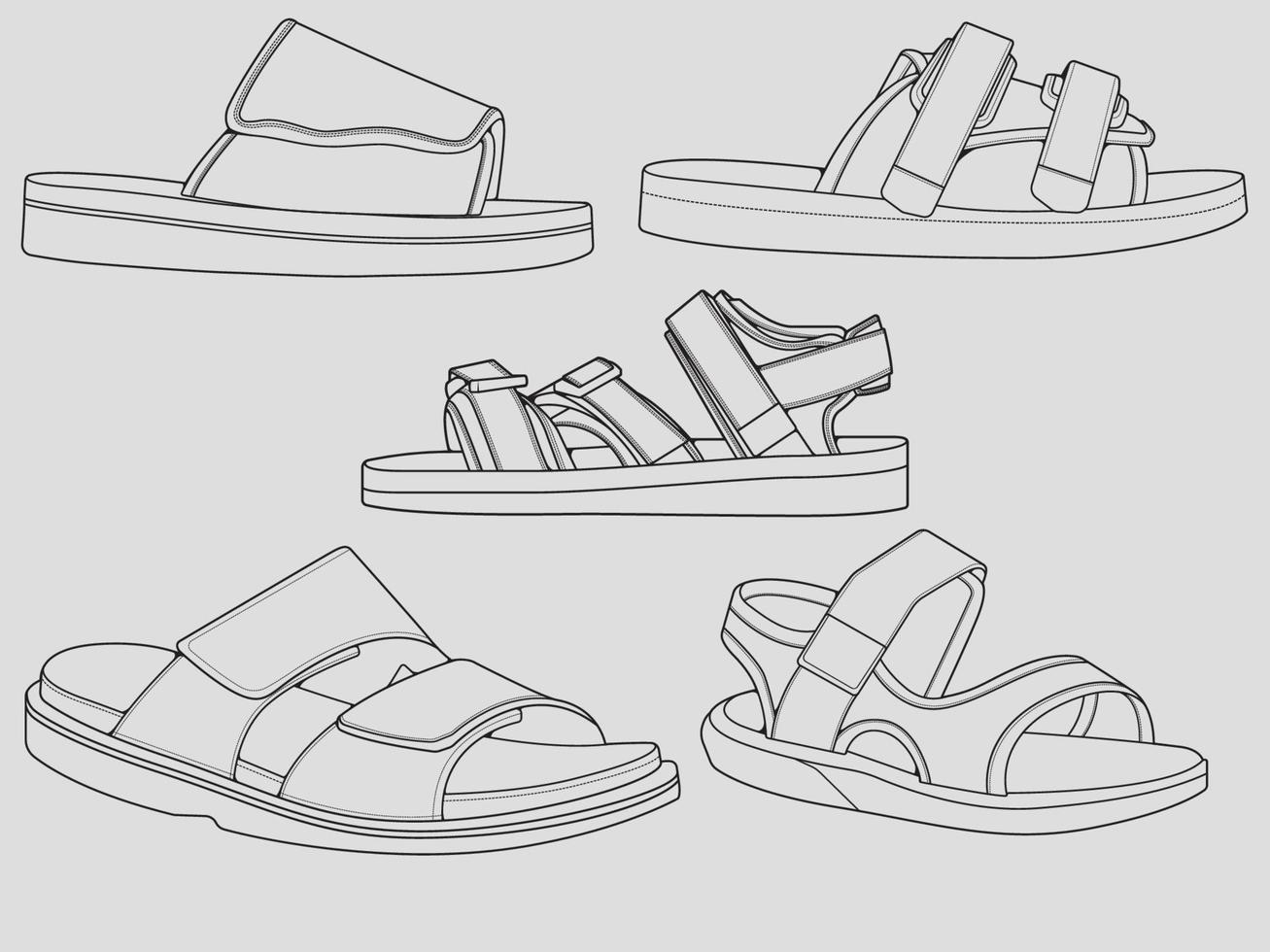 set of outline Cool strap sandals. strap sandals outline drawing vector, strap sandals drawn in a sketch style, strap sandals trainers template outline, Set Collection. grey background vector