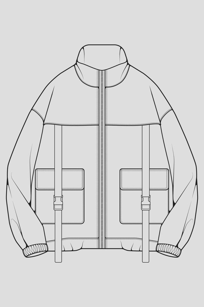 Windbreaker jacket technical fashion illustration sketch, long sleeves, welt pockets. template front sketch jacket, with grey color background. Women, men, unisex. vector