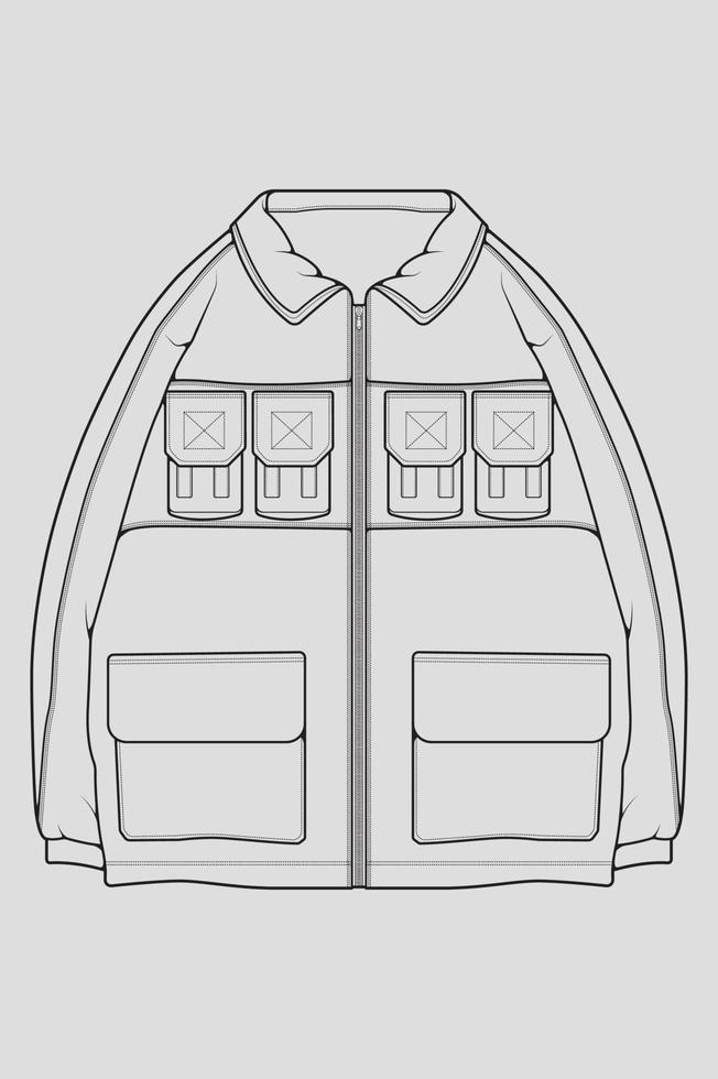 Windbreaker jacket technical fashion illustration sketch, long sleeves, welt pockets. template front sketch jacket, with grey color background. Women, men, unisex. vector
