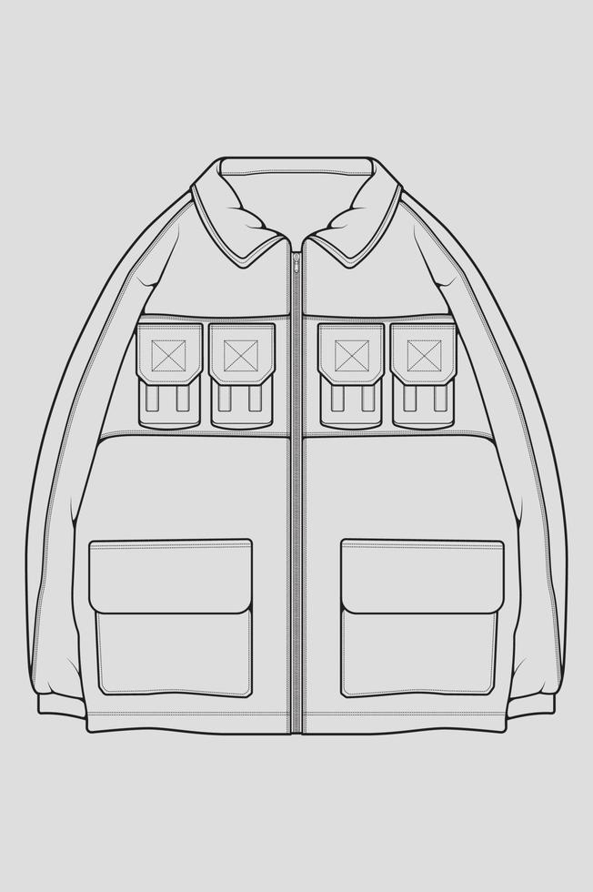 boceto de ilustración de moda técnica de chaqueta rompevientos, mangas largas, bolsillos ribeteados. chaqueta de boceto frontal de plantilla, con fondo de color gris. mujeres, hombres, unisex. vector