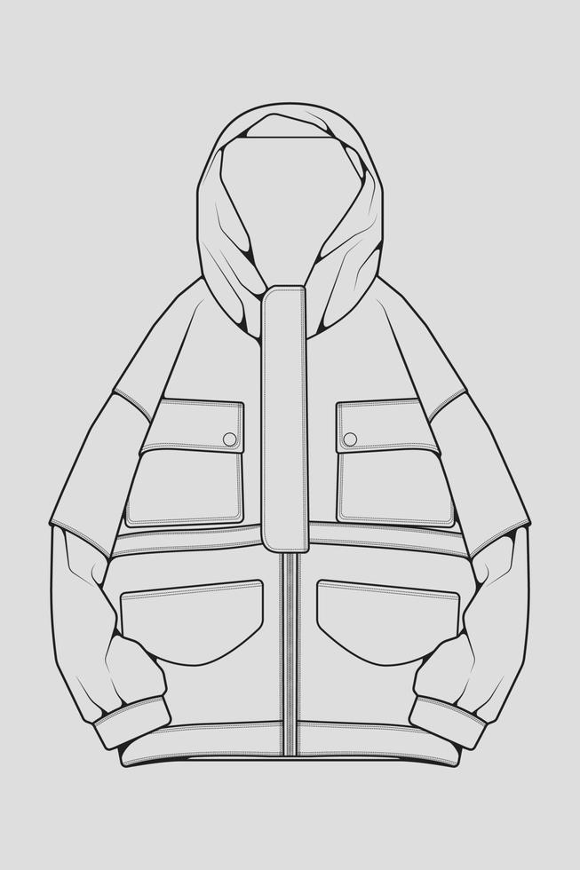 Windbreaker jacket technical fashion illustration sketch, long sleeves, welt pockets. template front sketch jacket, with grey color background. Women, men, unisex. vector