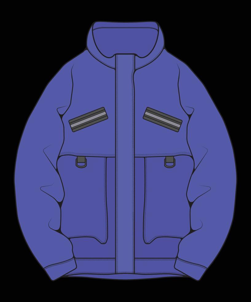 cazadora cortaviento técnica ilustración moda multicolor, manga larga, bolsillos ribeteados. chaqueta delantera de plantilla, con fondo de color negro. mujeres, hombres, unisex. vector