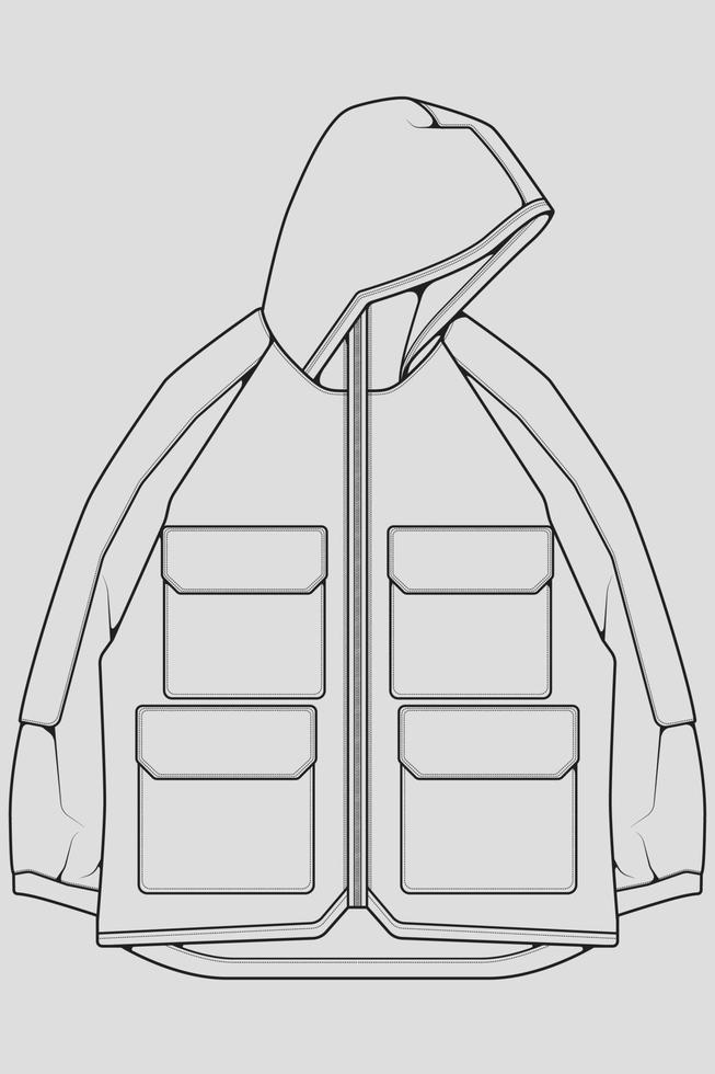 boceto de ilustración de moda técnica de chaqueta rompevientos, mangas largas, bolsillos ribeteados. chaqueta de boceto frontal de plantilla, con fondo de color gris. mujeres, hombres, unisex. vector