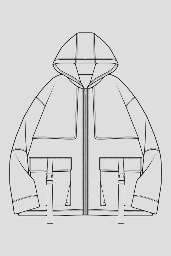 boceto de ilustración de moda técnica de chaqueta rompevientos, mangas largas, bolsillos ribeteados. chaqueta de boceto frontal de plantilla, con fondo de color gris. mujeres, hombres, unisex. vector