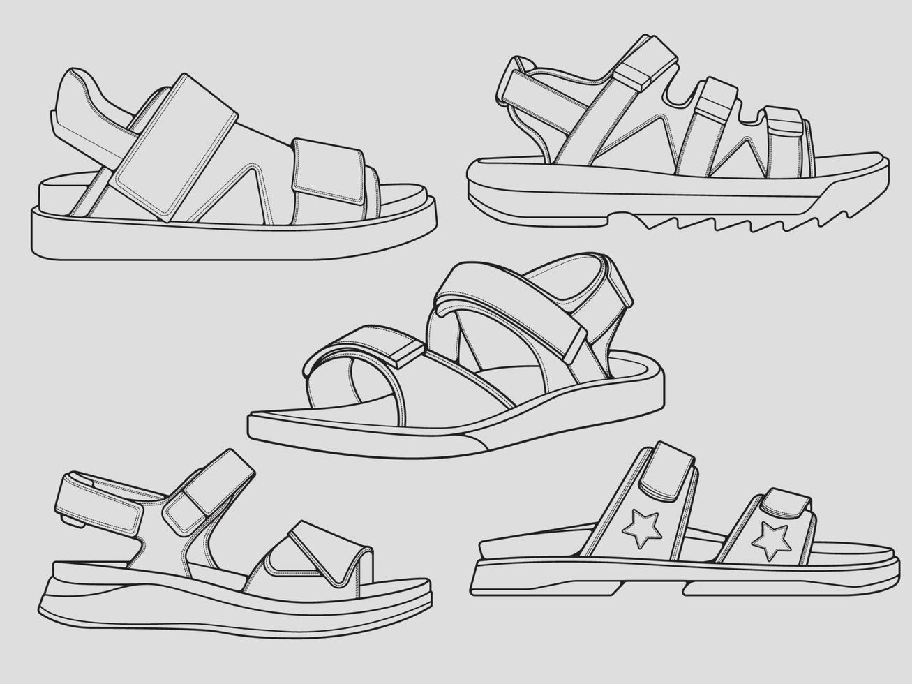 set of outline Cool strap sandals. strap sandals outline drawing vector, strap sandals drawn in a sketch style, strap sandals trainers template outline, Set Collection. grey background vector