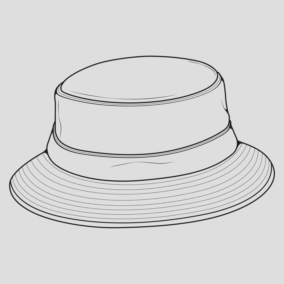 bucket hat outline drawing vector, bucket hat in a sketch style, trainers template outline, vector Illustration.