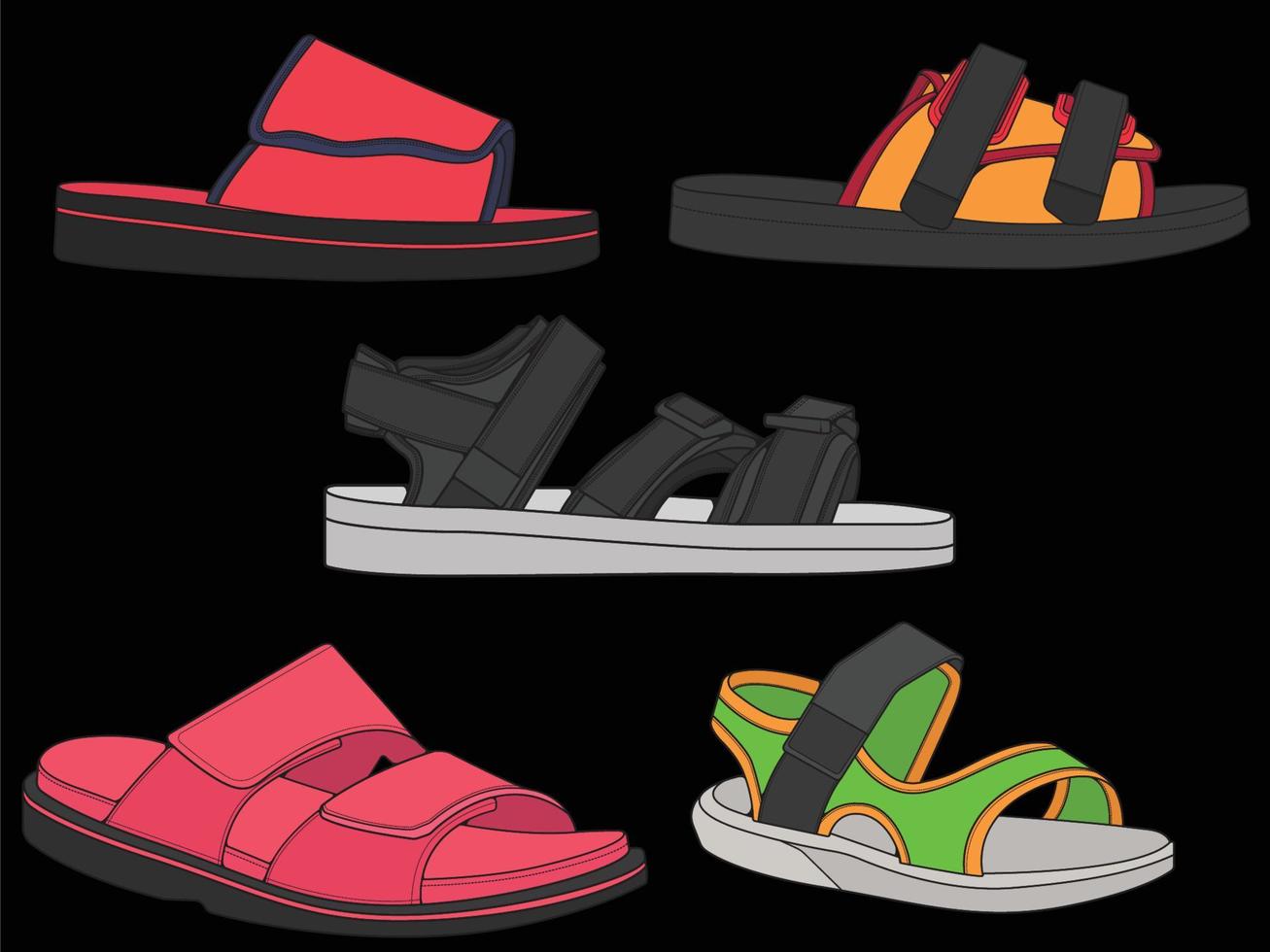 Fashion sandal vector set illustration with black background . Summer set shoe of sandal cartoon. Isolated set cartoon summer footwear.
