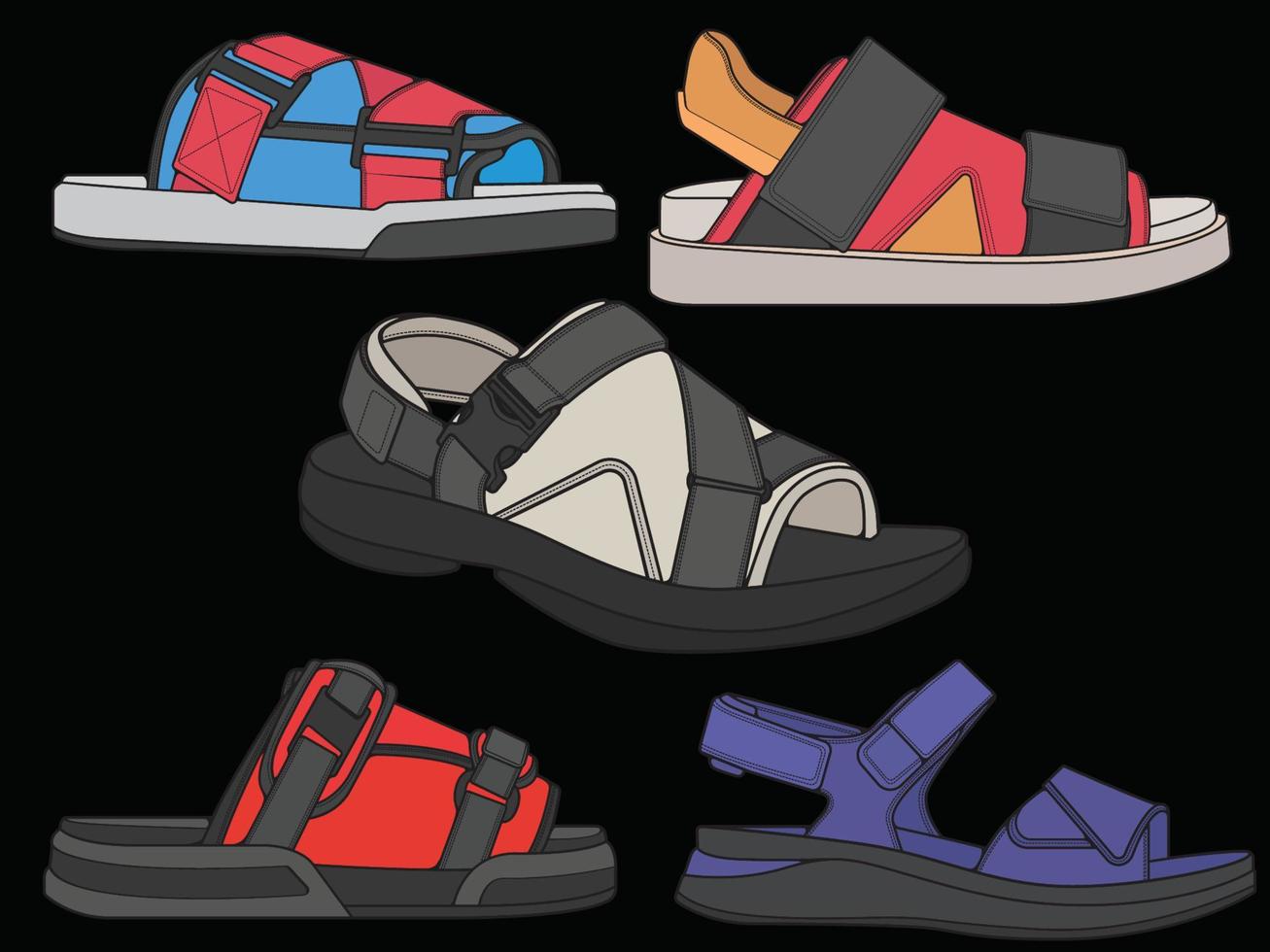 Fashion sandal vector set illustration with black background . Summer set shoe of sandal cartoon. Isolated set cartoon summer footwear.