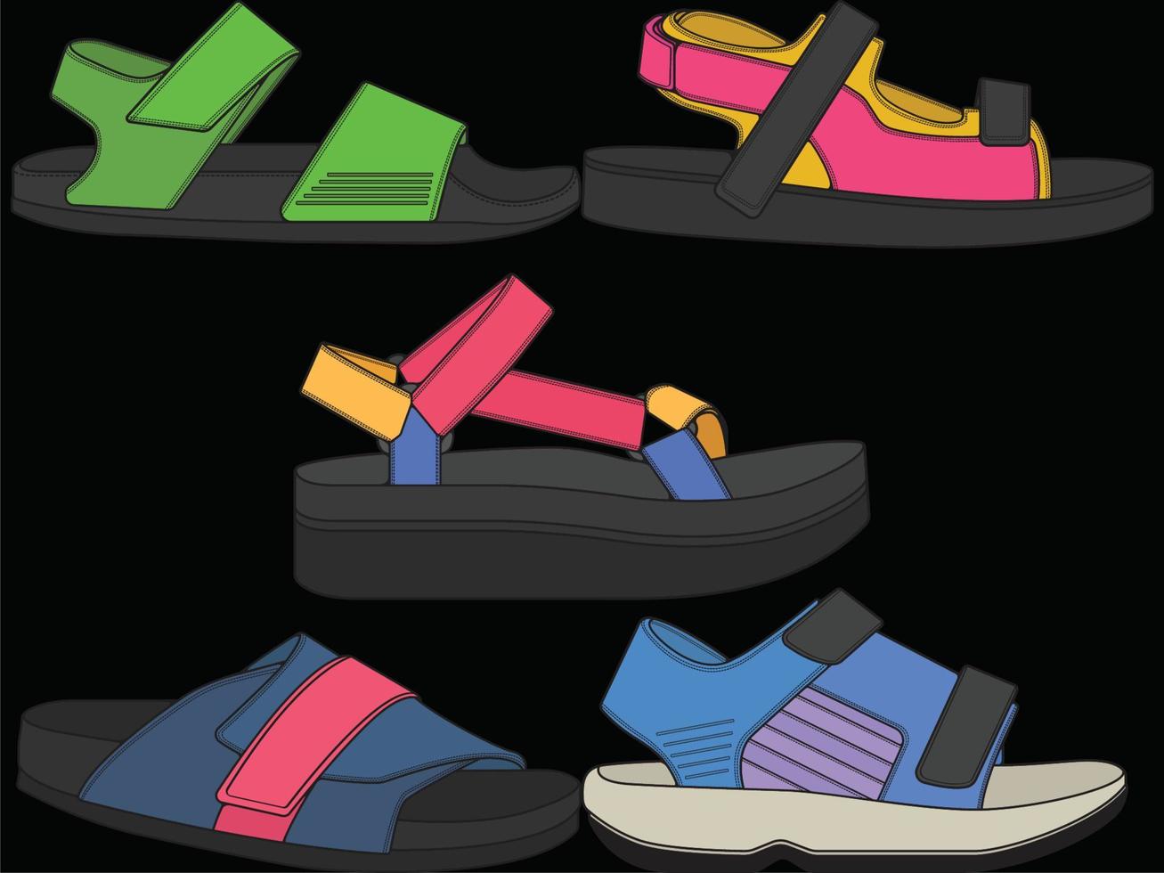 ilustración de conjunto de vectores de sandalia de moda con fondo negro. conjunto de zapatos de verano de sandalia de dibujos animados. calzado de verano de dibujos animados conjunto aislado.