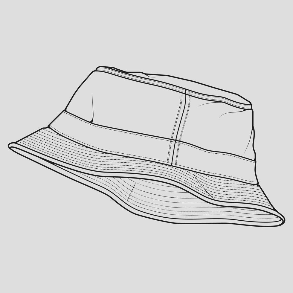 vector de dibujo de contorno de sombrero de cubo, sombrero de cubo en un estilo de boceto, contorno de plantilla de entrenadores, ilustración vectorial.