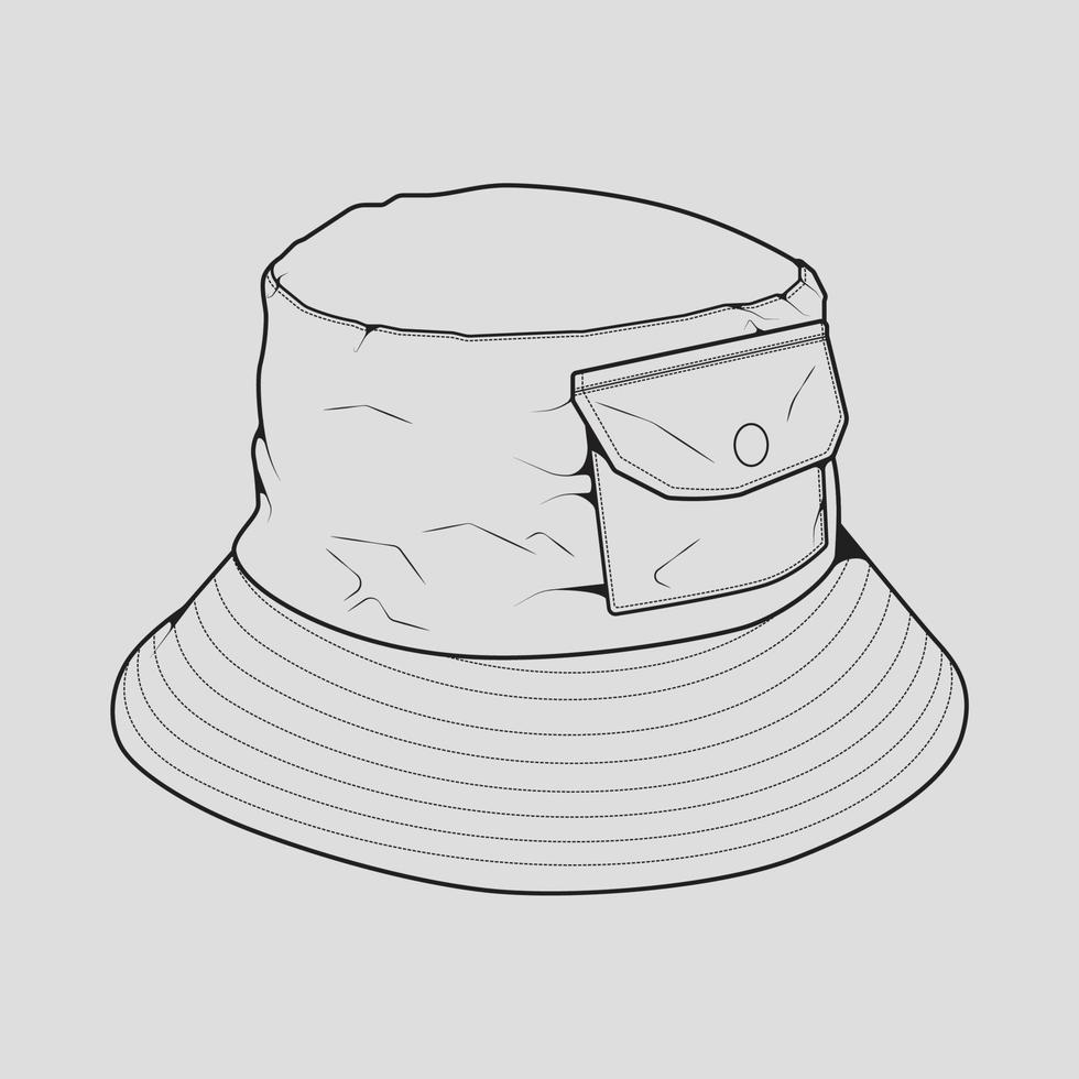 bucket hat outline drawing vector, bucket hat in a sketch style, trainers template outline, vector Illustration.