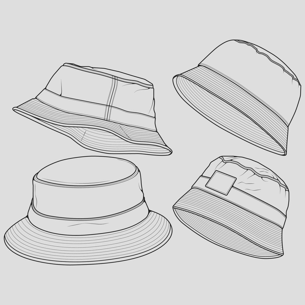 vector de dibujo de contorno de sombrero de cubo, conjunto de sombrero de cubo en un estilo de boceto, esquema de plantilla de entrenadores, ilustración vectorial.