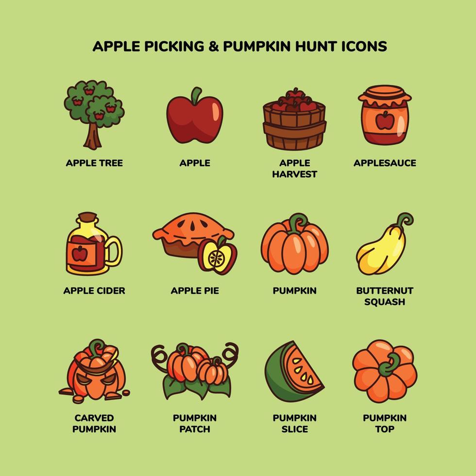 icono de recolección de manzanas y búsqueda de calabazas vector