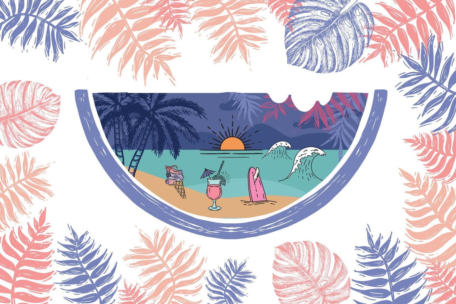 Panorama of sea and beach on watermelon. vector