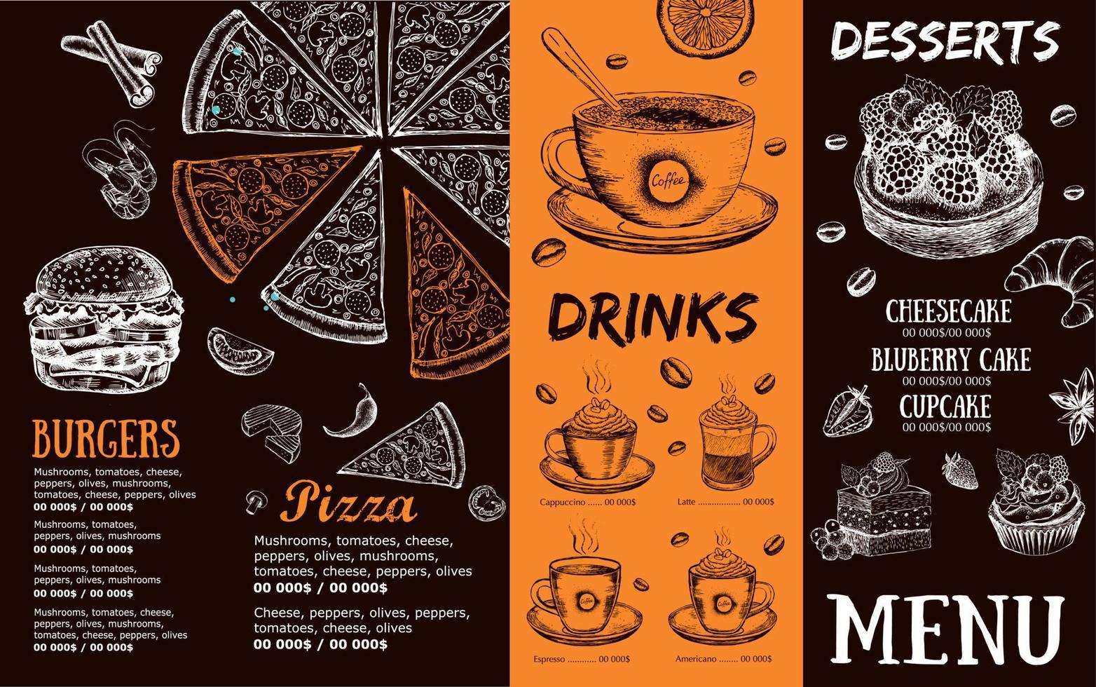 menú de cafetería restaurante, diseño de plantilla. folleto de comida. vector