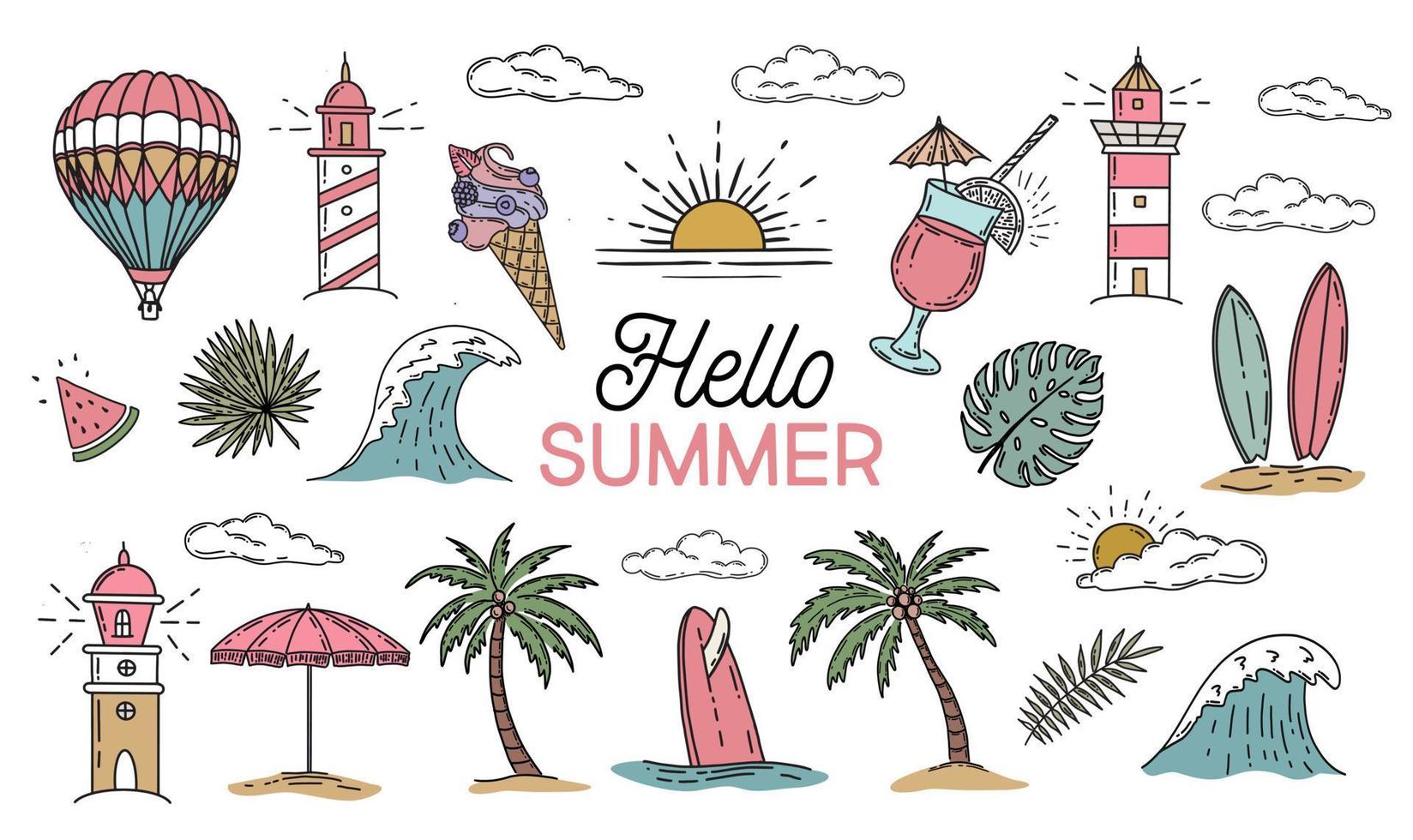 Summer, Surfboard, wave, balloon, lighthouse, palm trees, leaves, monstera, hand drawn illustration, vector. vector