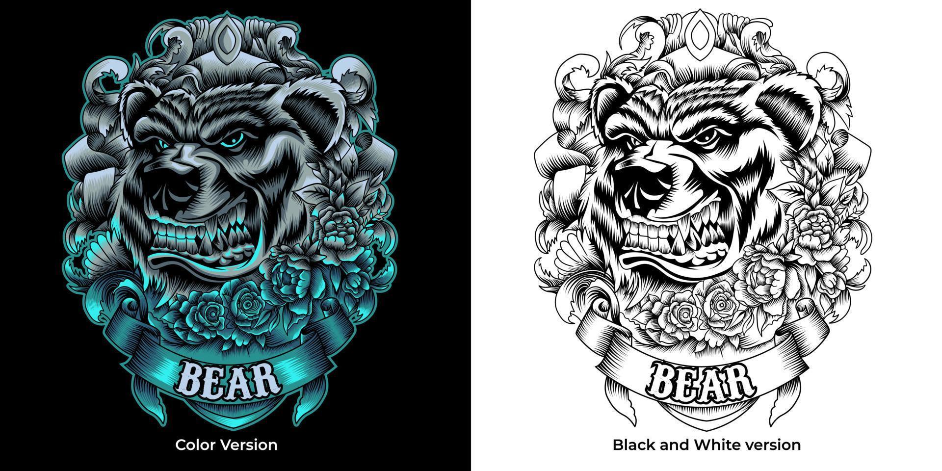 angry bear with roses and ornament in neon color style vector