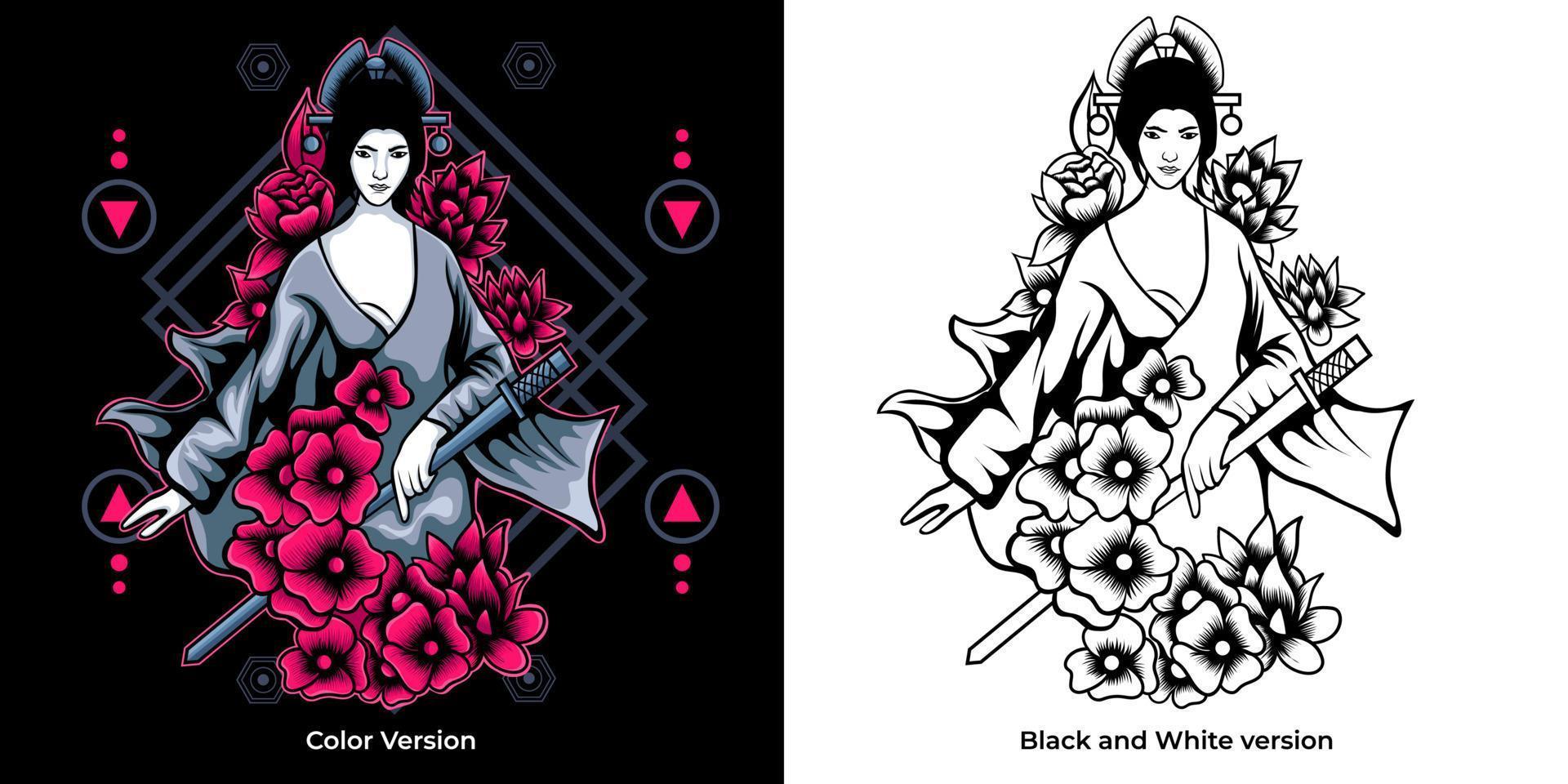 beautiful japanese geisha woman and traditional katana sword black and white vector design