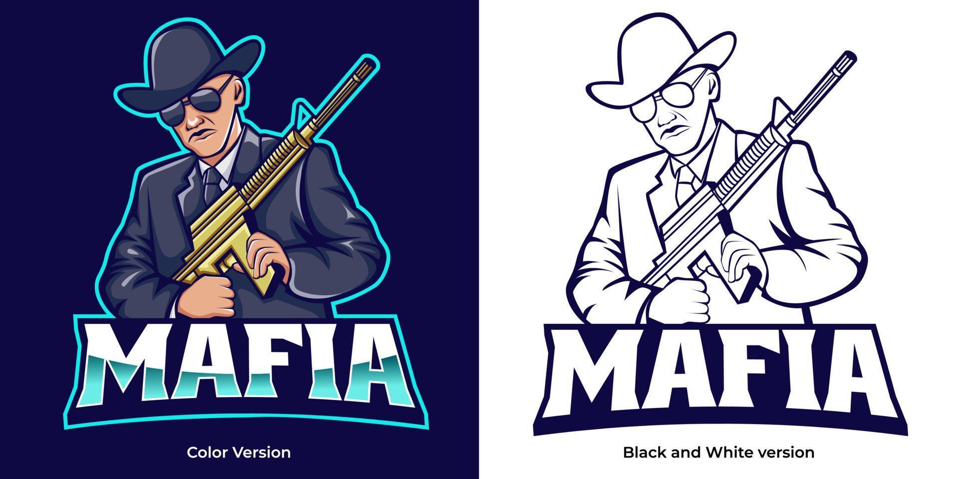 diseño del logotipo de e-sport de francotirador de la mafia. ilustración del diseño de la mascota del francotirador de la mafia. diseño de emblema de texto editable vector