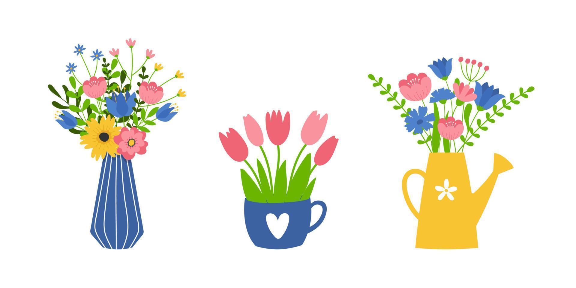 Set of flower bouquets. Bunch of plants in vase, cup and watering can collection. Design element for greeting card, invitation, stickers, postcard, poster, print. vector