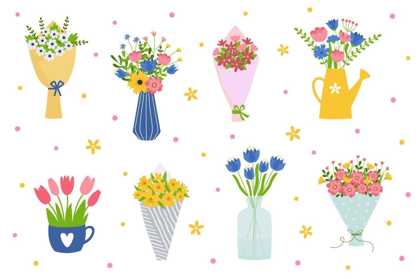 Set of flower bouquets. Bunch of plants in vases, cup and watering can collection. Design element for greeting card, invitation, stickers, postcard, poster, print. vector