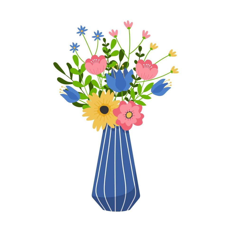 flores de colores en jarrón azul. elemento de diseño para tarjeta de felicitación, invitación, pegatinas, postal, afiche, impresión vector