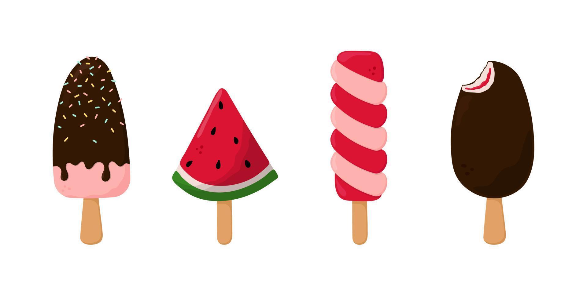 Set of various popsicles. Can be used for poster, print, cards and clothes decoration, for food design and ice cream shop logo vector