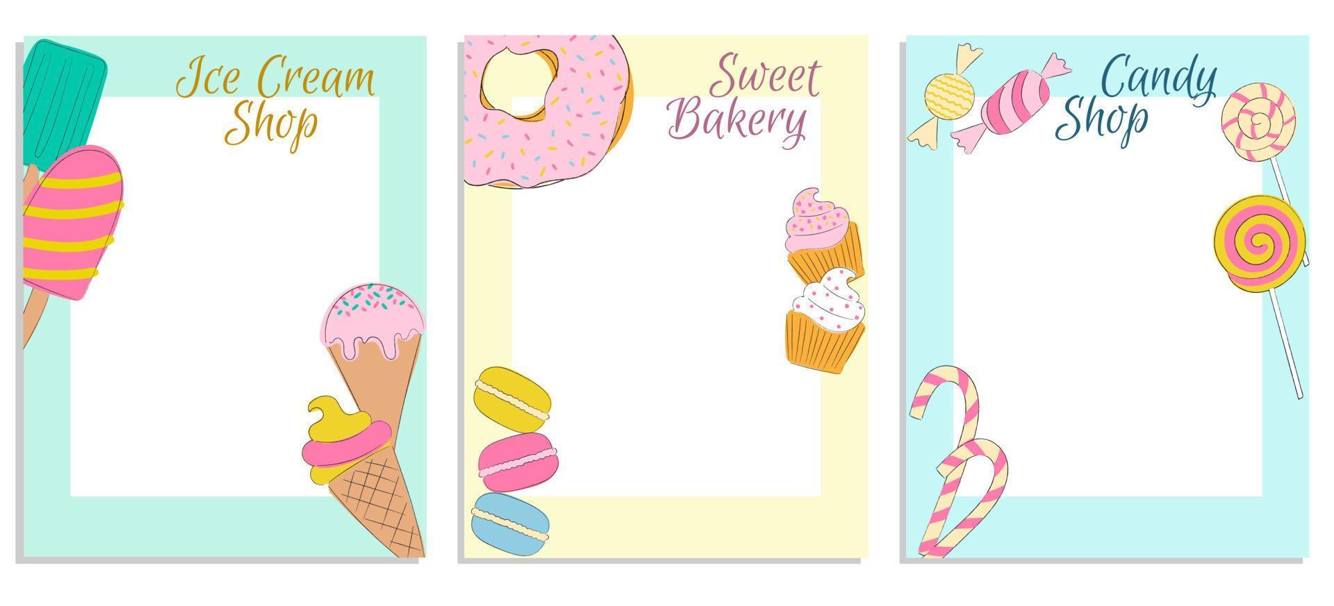 conjunto de páginas para panadería, heladería y tienda de dulces. plantillas para folletos, pancartas, menús, carteles y tarjetas. vector