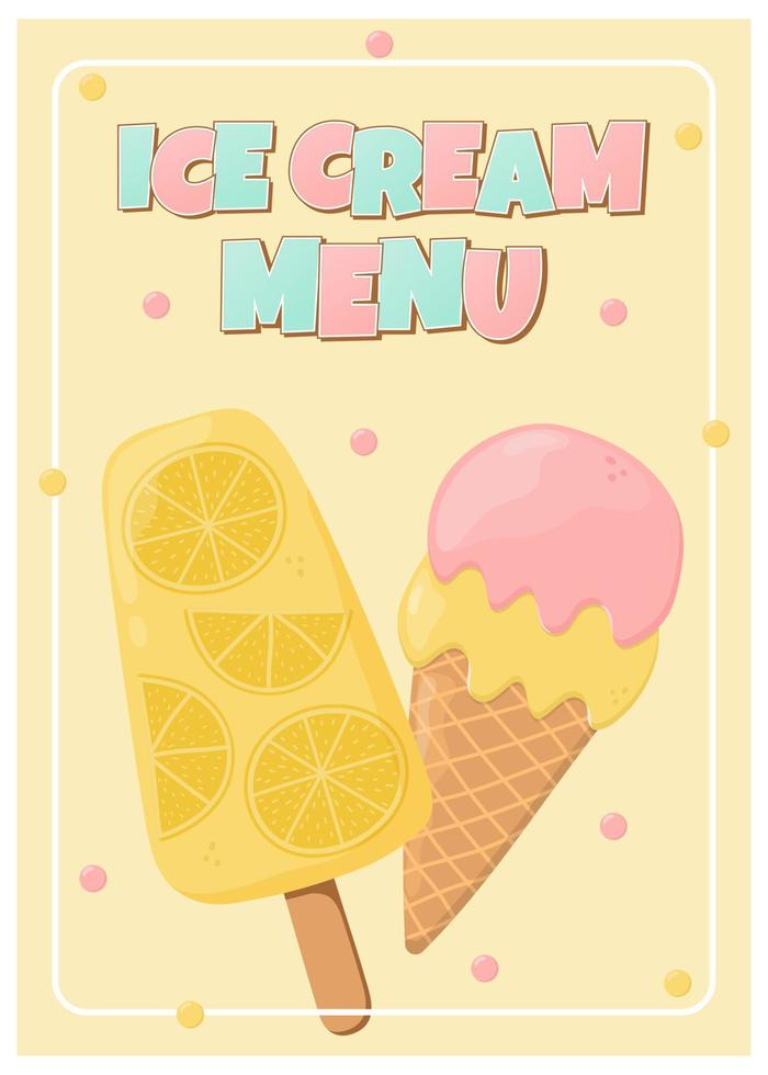 plantilla de menú de helados. se puede utilizar para afiches, pancartas, tarjetas y volantes vector