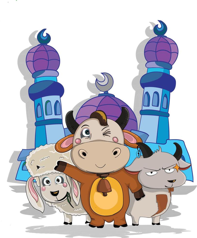 Eid al-Adha happy Eid al-Adha, cartoon cows, sheep and goats with a mosque in the background, attractive cartoon vectors suitable for posters and flyers and others