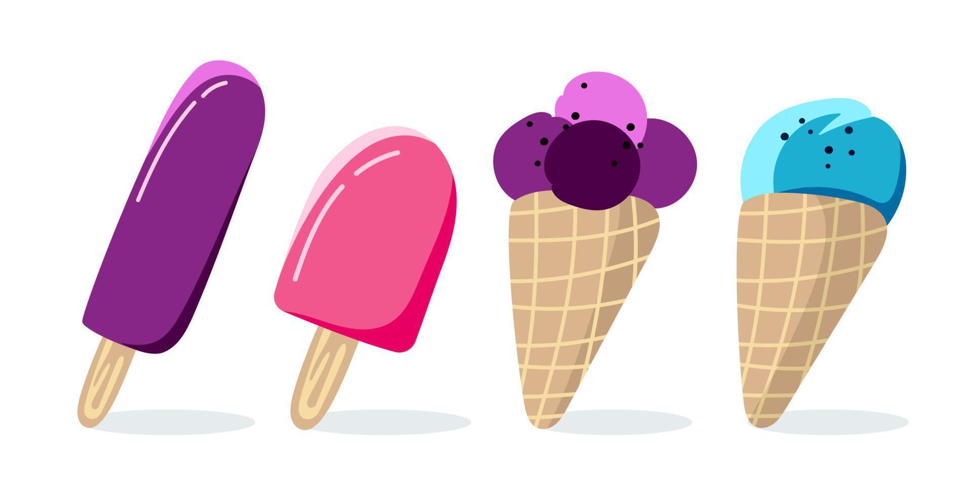 Collection of ice cream popsicle and in a horn Vector illustration isolated on a white background