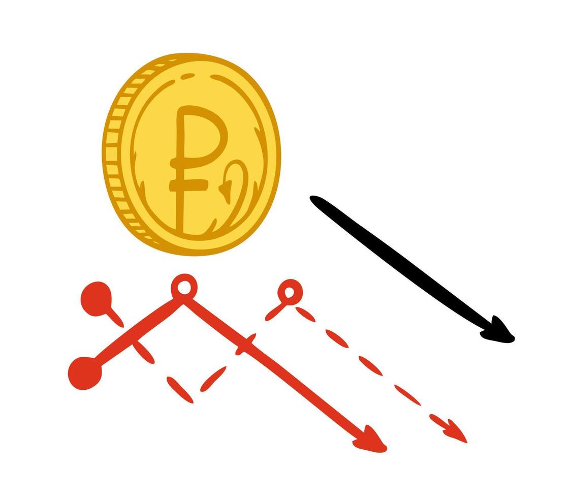 The Russian ruble growth and fall chart. Russian currency on a white background. Vector illustration of a doodle.