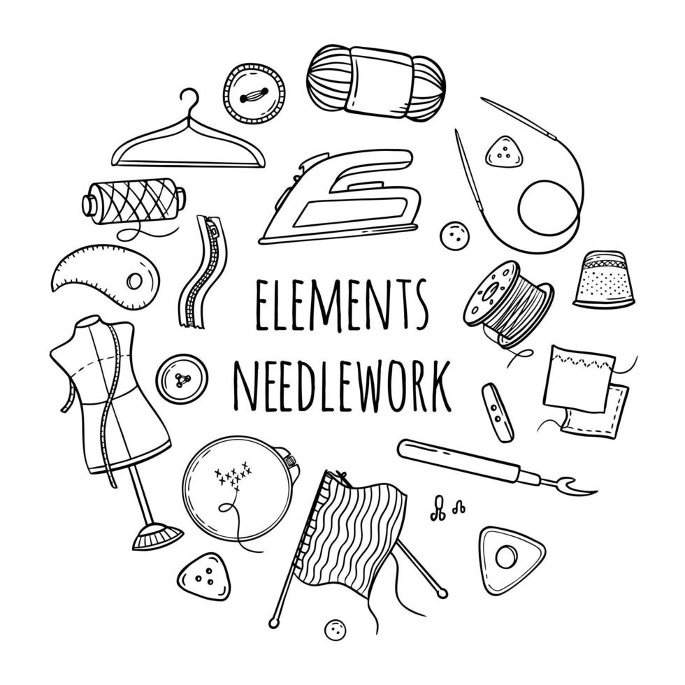 Needlework sewing knitting a large set of black and white elements in the form of a circle Hand made Vector illustration on a white background