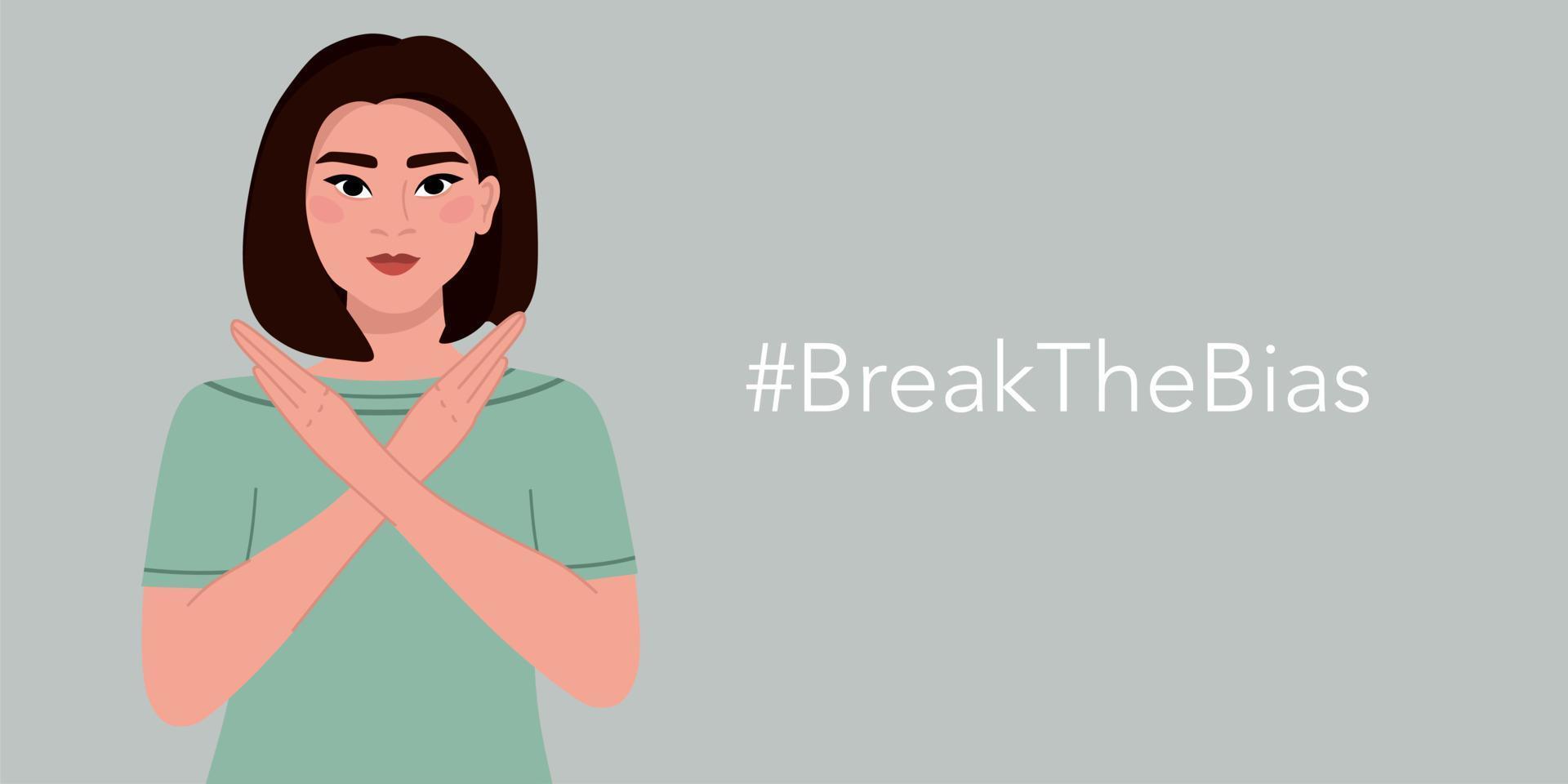 The girl is Asian. Break the bias. Movements against discrimination, inequality and stereotypes. Vector illustration
