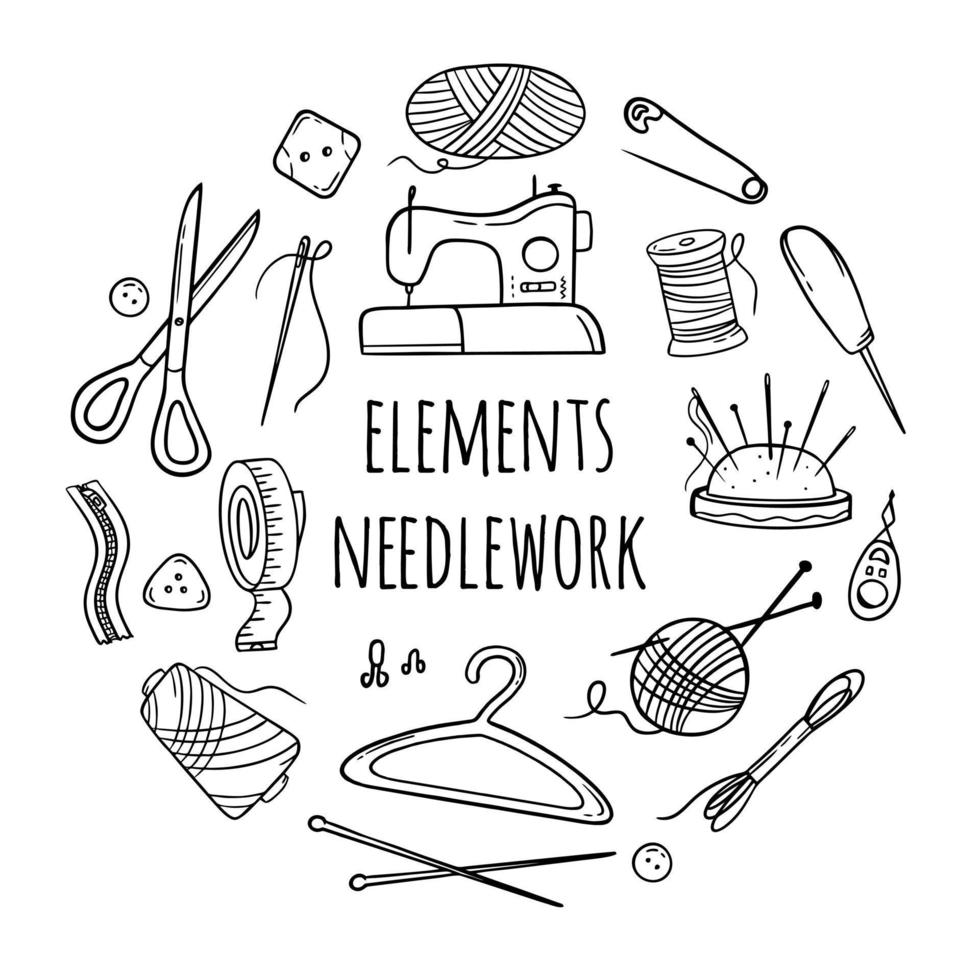 Needlework sewing knitting a large set of black and white elements in the form of a circle Hand made Vector illustration on a white background