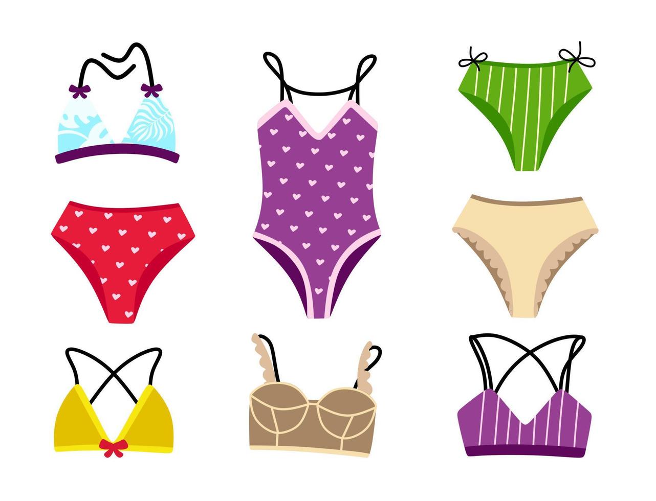 Collection of stylish swimwear and underwear Bikinis and tops Vector illustration isolated on a white background