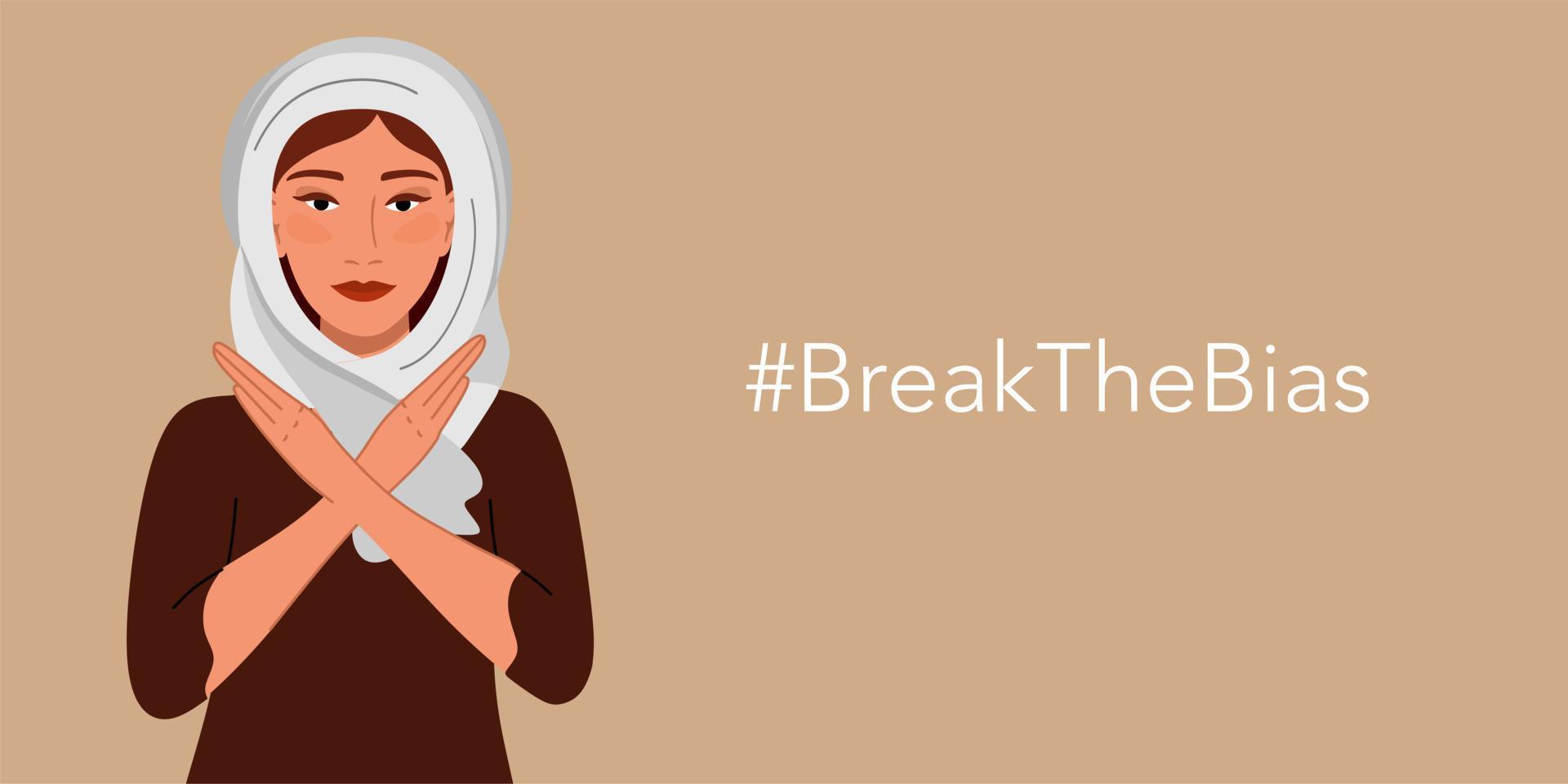 The girl is Muslim. Break the bias. Movements against discrimination, inequality and stereotypes. Vector illustration