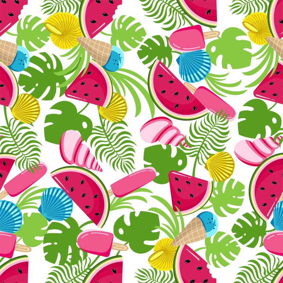 Seamless pattern with monstera leaves watermelon and ice cream on a white background Vector illustration in a flat style