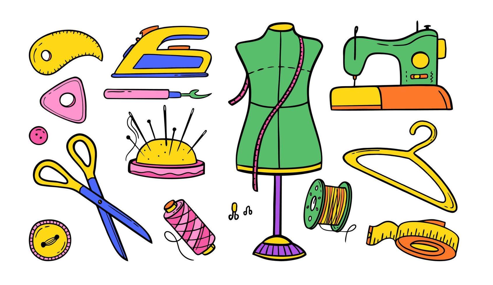 Needlework sewing knitting a large set of bright multicolored elements Hand made Vector illustration on a white background