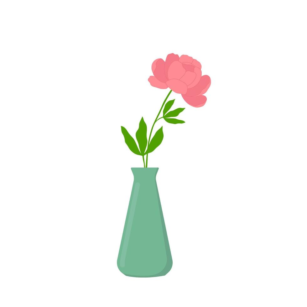Green vase with peony flower. Design element for greeting card, invitation, stickers, postcard, poster, print vector