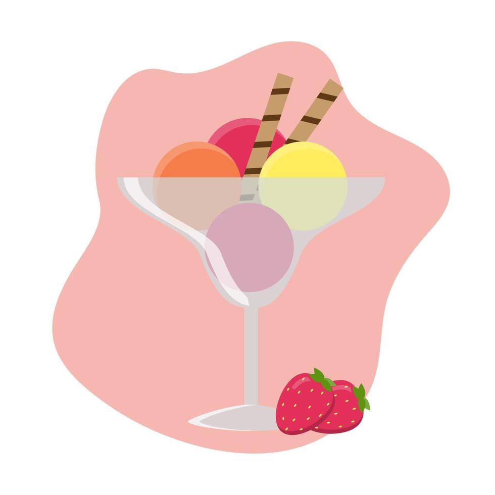 coloridas bolas de helado y fresas. postre en un jarrón de cristal sobre fondo rosa. vector