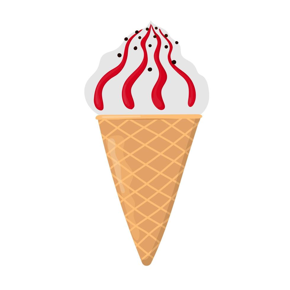 Hand drawn ice cream in waffle cone with jam topping. Can be used for poster, print, cards and clothes decoration, for food design and ice cream shop logo vector