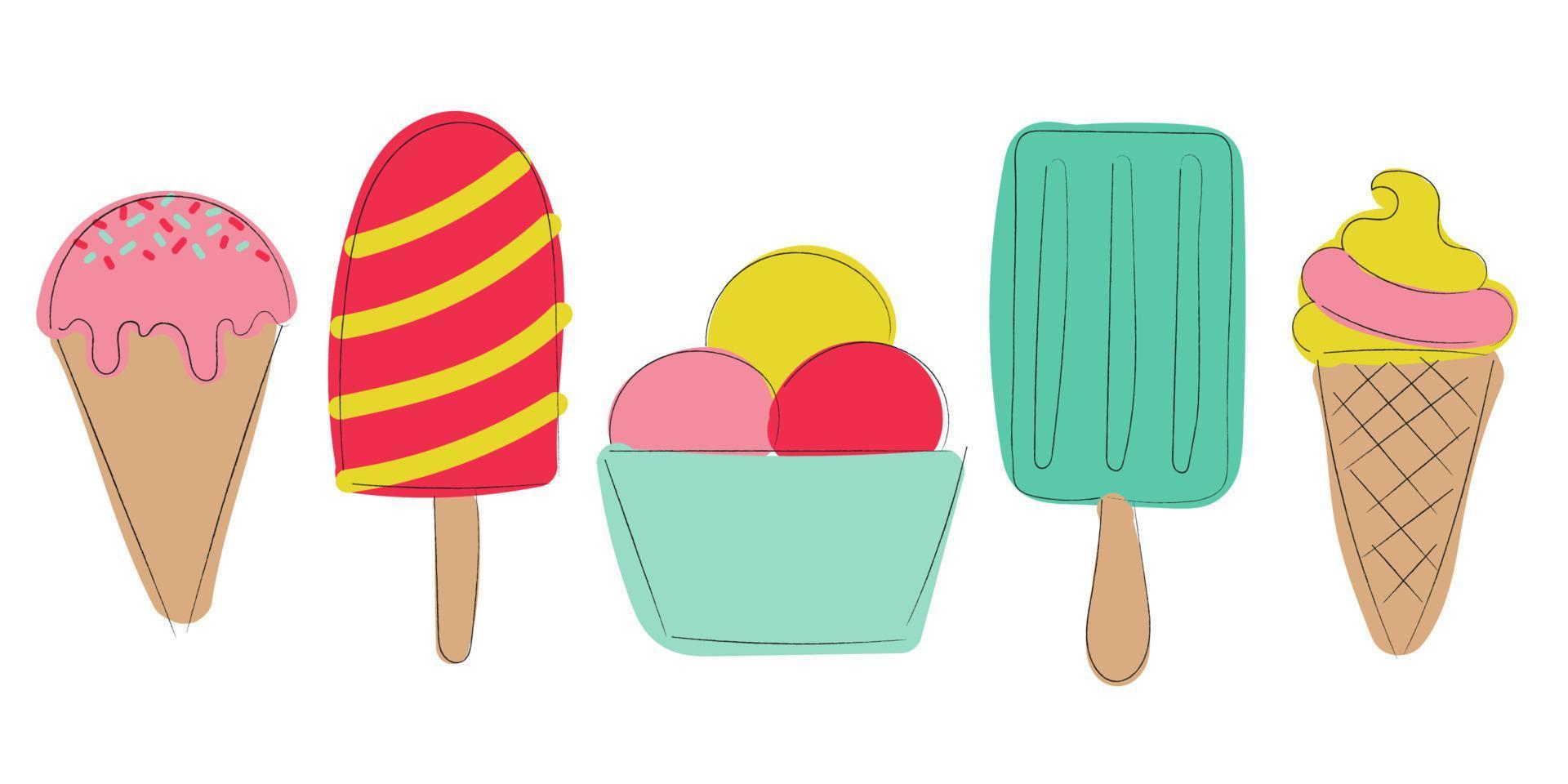 juego de helados de dibujos animados. ilustración dibujada a mano colorida.  elementos para menú, invitación, afiche y receta 8019409 Vector en Vecteezy