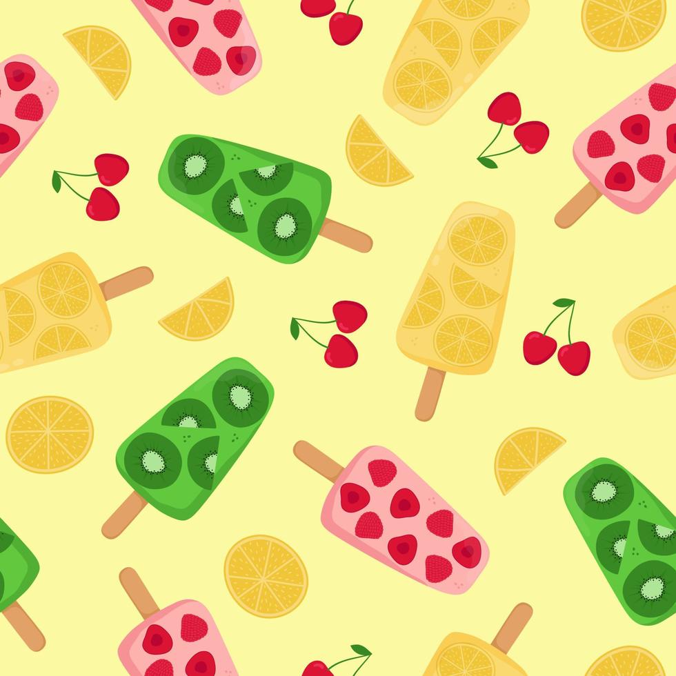 Seamless pattern of fruit popsicle. Fruit ice creams, cherries and fruit slices on yellow background vector