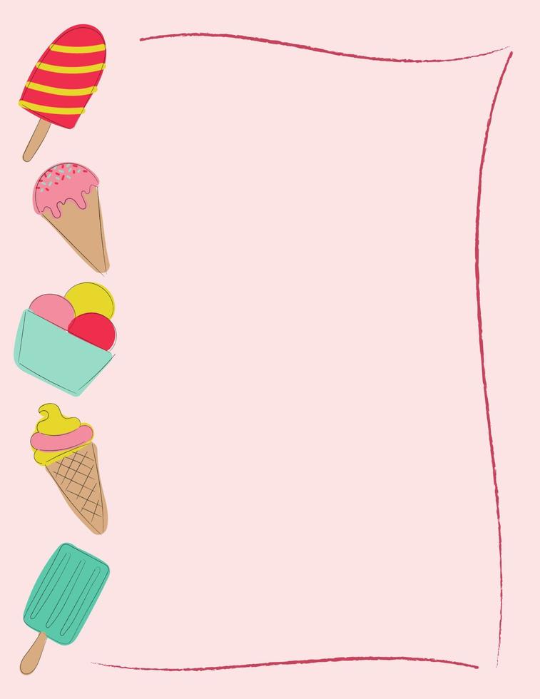 Colorful ice cream frame. Hand drawn line illustration. Template for menu, invitation, poster and recipe vector