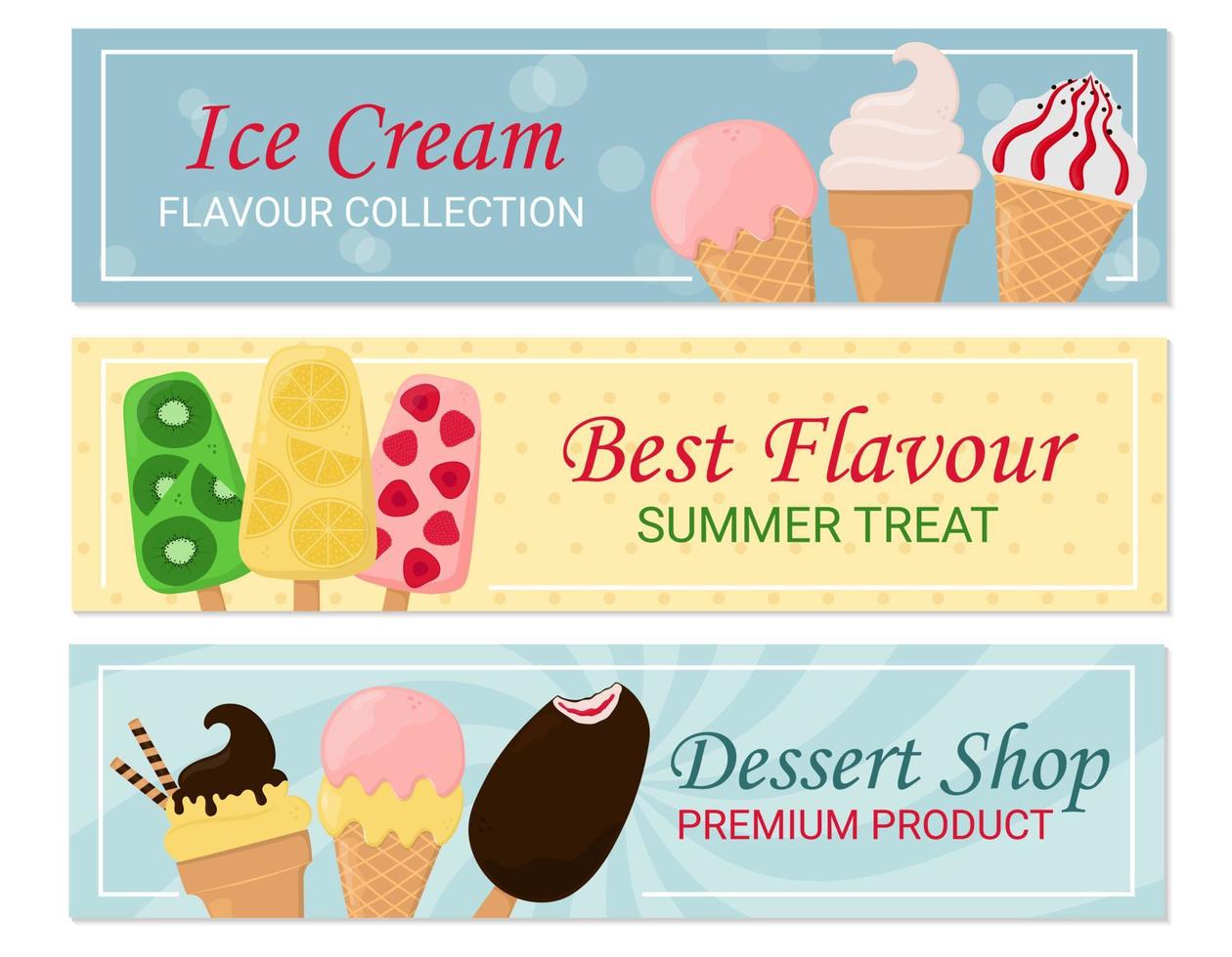 Ice cream banner set. Fruit popsicles, ice cream in waffle cone. vector