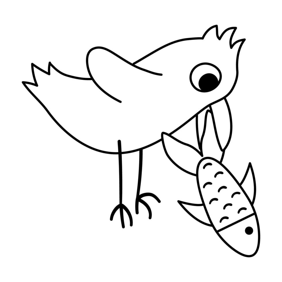 pájaro blanco y negro vectorial con pescado en un pico. bosque divertido o animal marino. linda ilustración de contorno de bosque para niños aislados en fondo blanco. adorable icono de línea de gaviota vector