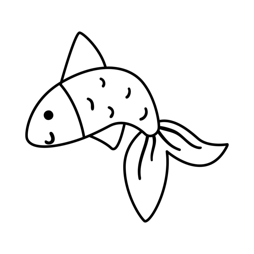 Vector black and white goldfish. Funny fish line icon. Cute sea or ocean animal outline illustration for kids isolated on white background.